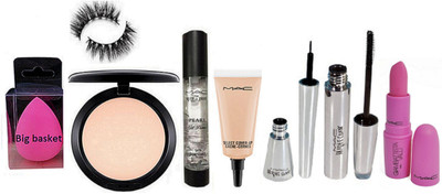 

big Basket Spounge Puff , Eylashes , Compact , Perl Gel Primer , Brook Candy Eyeliner And Mascara , pink Lipstick , Select Cover up Conceler(Set of 8)