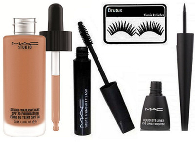 

brutus Eyelashes , Mac Studio Waterproof Liquid Foundation , Haute Naughty Liquid Mascara & Eyeliner(Set of 4)