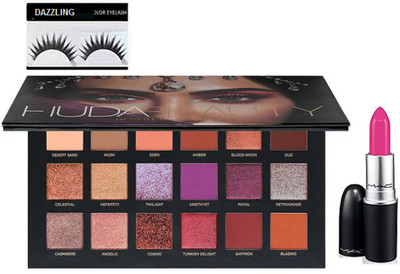 

DAZZLING Eyelashes & Huda Beauty Desert Dusk Paltte & Pink Lipstick(Set of 3)