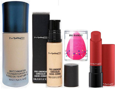 

big Basket sponge puff ,match master foundation , concealer with liptensity long lasting lipstick(Set of 4)