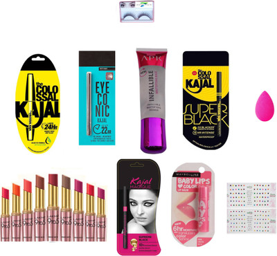 

SIRF TUM 7 SIRF TUM 7EYELASHES,PUFF,THE COLOSSAL KAJAL,EYECONIC KAJAL,APK INFALLBLE,THE COLOSSAL SUPER BLACK,, LAKME 9TO5 PRIMER+MATTE, KAJAL MAGIQUE SUPREME BLACK, MAYBELLINE BABAY LIPS, ROOP NIKHAR BINDI SET 18(Set of 18)