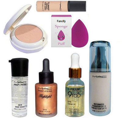 

Fancify Sponge Puff With Match Master SPF15 Make-Up Foundation& prep+prime Primer & Highliter With Colorbar Compact & Concealer With Gold Radiance Face Serum(Set of 7)