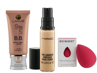 

big Basket Sponge Puff, Lakme 9 to 5 bright benefit cream& Mac Pro Long wear Cache Cernes Concealer 9 ml (Set of 3)(Set of 3)