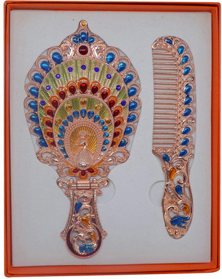 

RAAYA Women's Antique-Style Foldable Metal Cosmetic Mirror Vanity Mirror Portable Handle Mirror Set with Comb, Pack of 1(Set of 2)