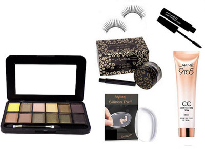 

styling Silicon Puff, Eyelashes with Mac Fluid line Gel Eyeliner, 12 Colours Eye Shadow, Haute and Naughty & Lakme 9to5 CC Colour Transform Cream(Set of 6)