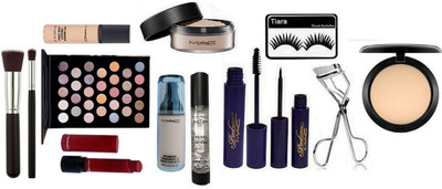 

Tiara Eyelashes , Mac Loose Powder , Studio Fix Compact , Perl Gel Primer , Padma Eyeliner And Mascara , Eyelashes Curler , Pro Long wear Conceler , Liptensity Lipstick , Matchmaster Foundation , makeup brush set of 2 , 32 shades Eyeshadow Platte(Set of 1