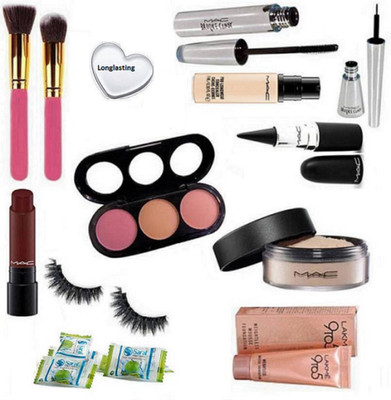 

Longlasting Silicon Puff&Mac 3 Shade Blusher, Loose Powder, Pro Long wear concealer, Stick Kajal, Brook Candy Liner & Mascara, Liptensity Lipstick, 9to5 Weightless Mousse Foundation, Make up Brush 2 With Eyelashes and Magic Napkin Pack of 3(Set of 13)