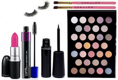 

styling two makeup brush , mac 32 shades eye shadow palette , liquid eyeliner , double effect mascara , matte finish pink lipstick & eyelashes(Set of 7)