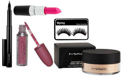 

styling Eyelashes, Mac select sheer Loose Powder, Liquid Lip Gloss, Pen Eyeliner& Matte Finish Long Lasting Lipstick(Set of 5)