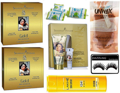 

DAZZLING Eyelashes, Shahnaz Husain 24 carat Gold Facial kit pack of 2, Shalife Plus Skin Nourishing Program Under - Eye cream, Unwax granulated Wax, Lakme Sun Expert 24 UV Lotion, Magic Napkin Pack of 4(Set of 10)