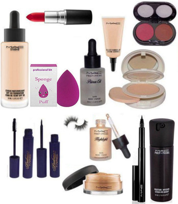 

Professional kit Sponge Puff & Mac Studio Waterweight Foundation & Primer & Select cover-up & Fcce Compact Red Lpstick & Blusher & Loose Powder & Highlighter & Padma Eyeliner & Mascara & eyelashes & Serum(Set of 14)