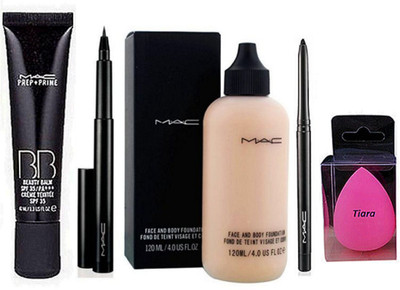 

tiara Spounge puff , Mac Prep +prime Bb beauty Blam , Face & Body Foundation , Eyeliner , kaj.(Set of 5)