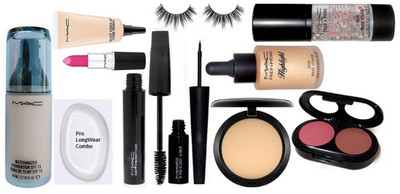 

pro longwear combo Silicon puff,Mac Matchmaster SPF 15 Foundation,Studio Fix Compact,Select coverup,HighLighter,Face Primer, Candy Yum-yum Lipstick, Haute And Naughty Mascara,Liquid Last Eyeliner,2 shades Blusher,Eyelashes(Set of 10)