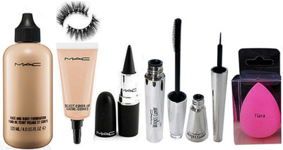 

Tiara Spounge Puff , Mac Face And Body Foundation , Eyeliner And Mascara , Eyelashes , Stick K. , Select Cover Up Concealer(Set of 7)