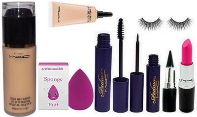 

Professional kit Sponge Puff , Waterweight Foundation & Padma Mascara & Eyeliner & Eyelashes & Stick Kaj & pink Lipstick & Select Cover up(Set of 8)