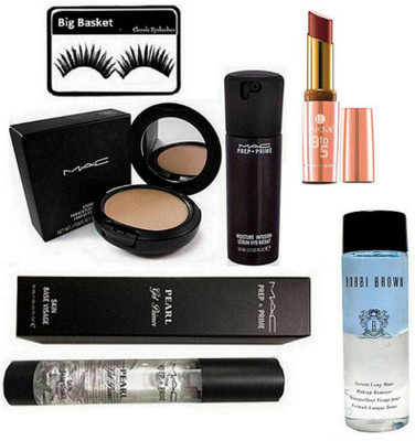 

big basket Eyelashes & Mac Prep+Prime Moisture Infusion Serum Hydratant, Mac Studio fix Powder Plus foundation, Mac Prep+Prime Pearl Gel Primer, 9 To 5 Matte Maroon Lipstick, Bobbi Brown Instant Long Wear Makeup Remover(Set of 6)