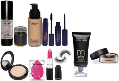

Pink Rebellion Sponge Puff & Mac Studio waterweight Foundation & Studiofix Compact & Skin Base Visage Primer & Sponge Puff & Padma Eyeliner+Mascara & Eyelashes & Candy Yum Yum Lipstick & Beauty Balm Foundation With Loose Powder(Set of 10)