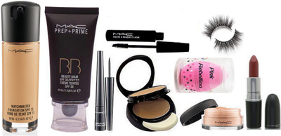 

Pink Rebellion Sponge Puff & Prep+Prime BB Beauty Balm Cream & Two Way Compact & Liquid Last EyeLiner+Mascara & Maroon Lipstick & Loose Powder & Eyelashes With Matchmaster Foundation(Set of 9)