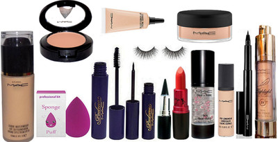 

Professional kit Sponge Puff & Mac Studio Waterweight Foundation & Padma Mascara & Eyeliner & Eyelashes & Stick Kaj & Lady Gaga Lipstick & Select Cover up & Primer & Pro Longwear Concealar & Pen Eyeliner & Loose Powder & Highlighter & Blusher(Set of 14)