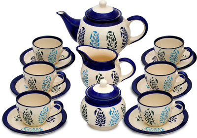 

Caffeine Handmade Authentic Print Ceramic(White, Blue, Pack of 15)