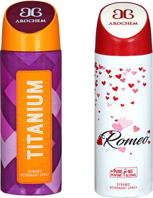 

AROCHEM TITANIUM & ROMEO DYNAMIC DEODORANT BODY SPRAY BODY DEO SPRAY Body Spray - For Men & Women(400 ml, Pack of 2)