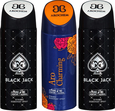 

AROCHEM BLACK JACK-2 & ARO CHARMING DYNAMIC DEODORANT BODY SPRAY BODY DEO SPRAY Body Spray - For Men & Women(600 ml, Pack of 3)
