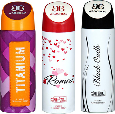 

arochem TITANIUM & ROMEO & BLACK OUDH DYNAMIC DEODORANT BODY SPRAY BODY DEO SPRAY Body Spray - For Men & Women(600 ml, Pack of 3)