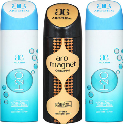 

AROCHEM H2O-2 & ARO MEGNET DYNAMIC DEODORANT BODY SPRAY BODY DEO SPRAY Body Spray - For Men & Women(600 ml, Pack of 3)