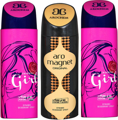 

AROCHEM GIRL-2 & ARO MEGNET DYNAMIC DEODORANT BODY SPRAY BODY DEO SPRAY Body Spray - For Men & Women(600 ml, Pack of 3)