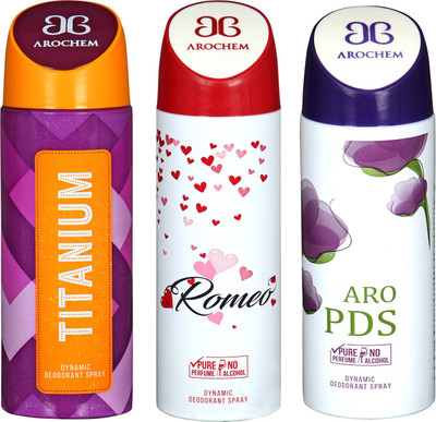 

arochem TITANIUM & ROMEO & ARO PDS DYNAMIC DEODORANT BODY SPRAY BODY DEO SPRAY Body Spray - For Men & Women(600 ml, Pack of 3)