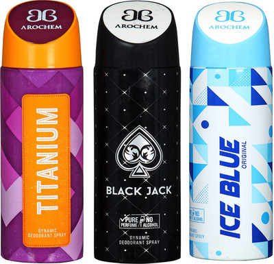 

arochem TITANIUM & ICE BLUE & BLACK JACK DYNAMIC DEODORANT BODY SPRAY BODY DEO SPRAY Body Spray - For Men & Women(600 ml, Pack of 3)