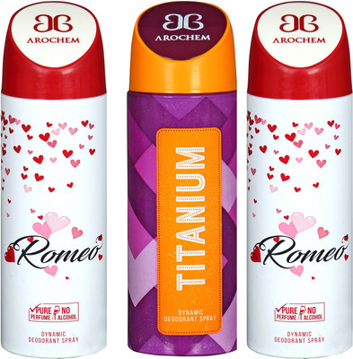 

arochem ROMEO -2 & TITANIUM DYNAMIC DEODORANT BODY SPRAY BODY DEO SPRAY Body Spray - For Men & Women(600 ml, Pack of 3)