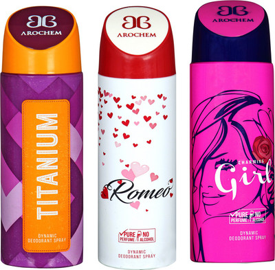 

arochem TITANIUM & ROMEO & GIRL DYNAMIC DEODORANT BODY SPRAY BODY DEO SPRAY Body Spray - For Men & Women(600 ml, Pack of 3)
