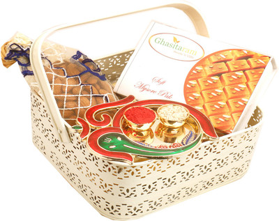 

Ghasitaram Gifts Hampers- White Metal Basket with Mysore Pak, Almonds Pouch and Om Ganesh Pooja Thali Combo(4)