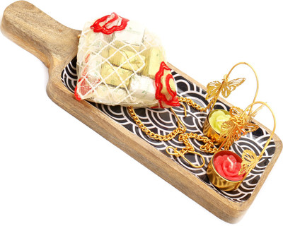 

Ghasitaram Gifts Hampers-Wooden Blue Serving Platter/ Pooja Thali with 2 Hanging T-Lite and Chocolates Pouch Combo(4)