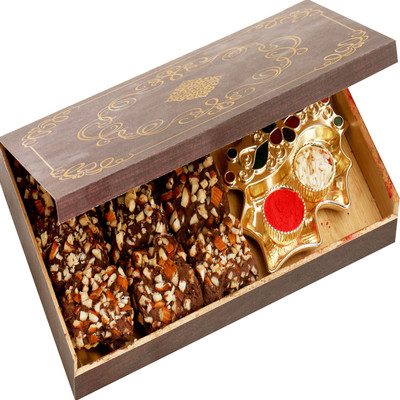 

Ghasitaram Gifts Hampers- Wooden 9 Pcs English Brittle Chocolates and Leaf Tika Chawal Container Box Combo(3)
