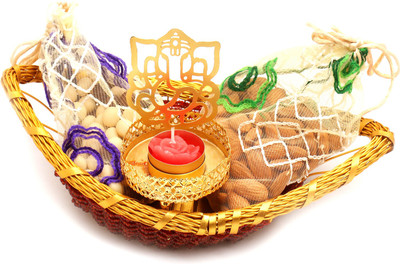 

Ghasitaram Gifts Hampers-Boat Basket with Almonds, Nutties Pouches and Ganesha T- Lite Combo(4)
