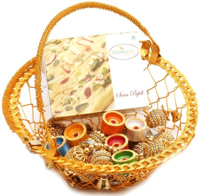 

Ghasitaram Gifts Hampers-Golden Metal Basket Basket with Soan Papdi, Toran and Diyas Combo(9)