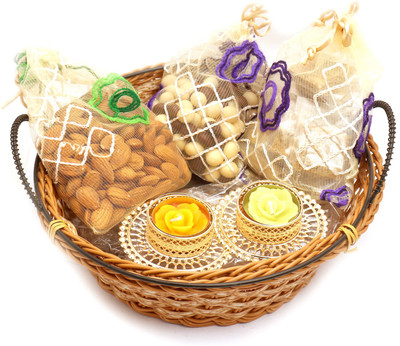 

Ghasitaram Gifts Hampers-Medium Cane Basket Basket with Almonds, Roasted Almond Bites and Nutties Pouch with 2 T-Lites Combo(5)