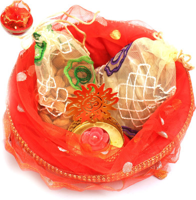 

Ghasitaram Gifts Hampers-Red Potli Basket with almonds, Roasted Almond Bites Pouches and Om T- lite Combo(4)