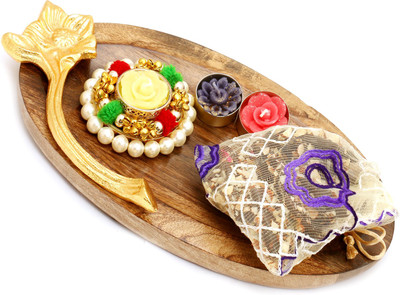 

Ghasitaram Gifts Hampers-Wooden Pooja Thali/ Platter with Pearl T-Lite and English Brittles Pouch Combo(3)