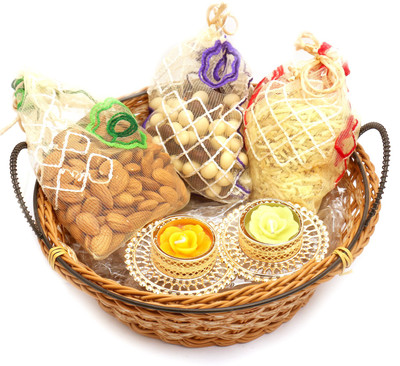

Ghasitaram Gifts Hampers-Medium Cane Basket Basket with Almonds, Nutties and Namkeen Pouch with 2 T-Lites Combo(5)