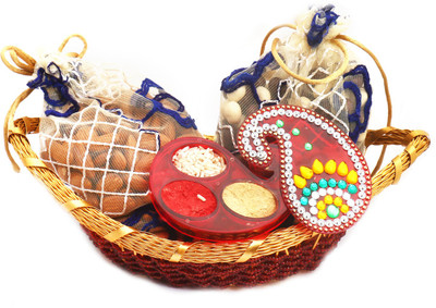 

Ghasitaram Gifts Hampers-Boat Basket with Almonds, Nutties Pouches and Roli Chawal Container Combo(4)