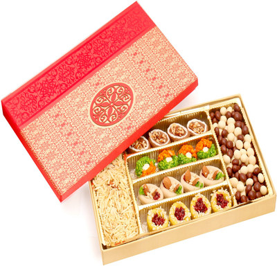 

Ghasitaram Gifts Hampers-Red Satin Hamper box with Assorted Kaju Sweets, Nutties and Namkeen Combo(4)
