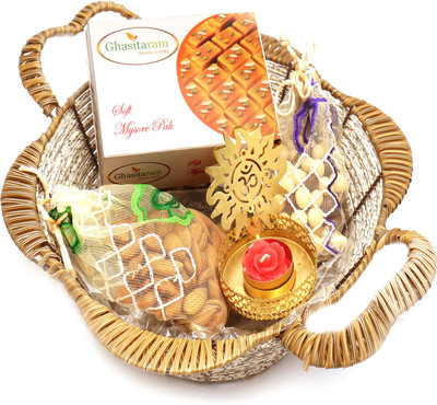 

Ghasitaram Gifts Hampers-Brown Basket with Mysore Pak, Almonds, Nutties Pouch with Om T- Lite Combo(5)