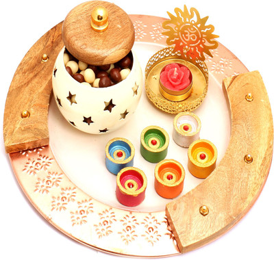 

Ghasitaram Gifts Hampers-Wooden Copper Platter with Nutties Jar and Om T- Lite and Diyas Combo(4)