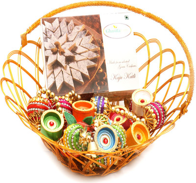 Ghasitaram Gifts Hampers-Gold Wired Basket with Kaju Katli, Toran and Diyas Combo(9)