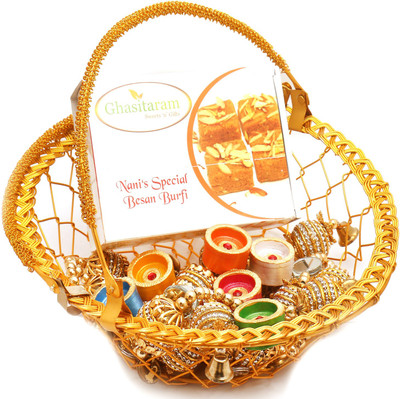

Ghasitaram Gifts Hampers-Golden Metal Basket Basket with Nani's Special Besan Barfi, Toran and Diyas Combo(9)