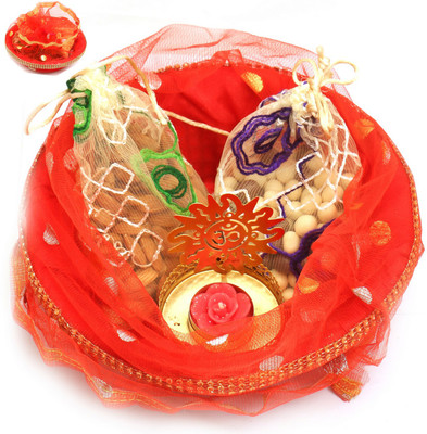 

Ghasitaram Gifts Hampers-Red Potli Basket with almonds, Nutties Pouches and Om t-lite Combo(4)