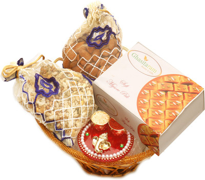 

Ghasitaram Gifts Hampers-Gold Wired Basket with Mysore Pak, Almonds, Namkeen Pouch with Mini pooja Thali Combo(5)